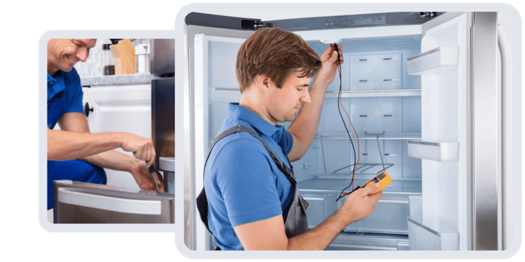 refrigerator-repair Refrigerator Repair - Photo of a service technician diagnosing and repairing a refrigerator.