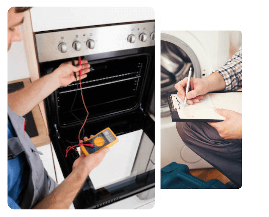 oven-repair Oven Repair - Phonto of a repair technician diagnosing an oven with a voltage meter for repair.